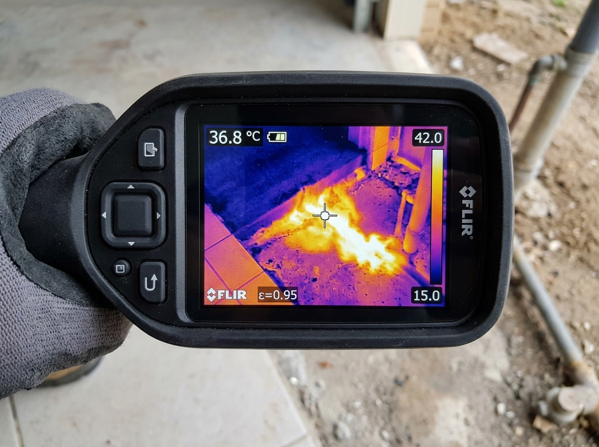 Thermal imaging of hot water slab leak showing floor heat signature in Pflugerville