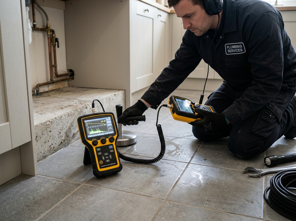 Plumber using electronic listening equipment for slab leak detection in Pflugerville
